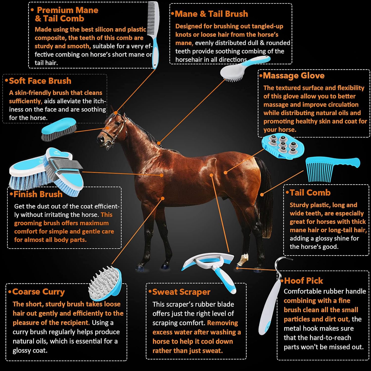 Kit De Toilettage Pour Chevaux 12 Pièces - Brosses, Sac, Grattoir - Noir - Ueemph